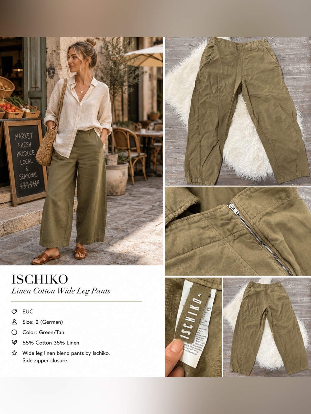 Ischiko Linen Cotton Wide Leg Barrel Pants Olive Khaki Cropped EUC
